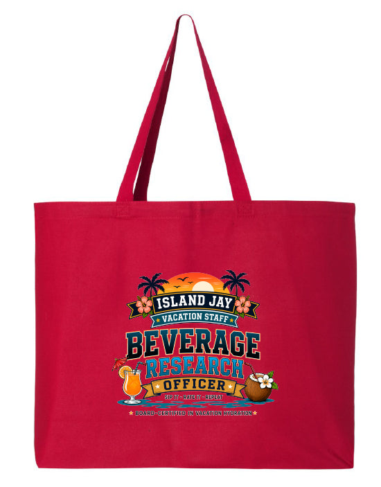 A red canvas tote bag with long handles, featuring a colorful graphic print on the front that reads 'ISLAND JAY VACATION STAFF BEVERAGE RESEARCH OFFICER' with tropical illustrations including palm trees, a cocktail, and a coconut.