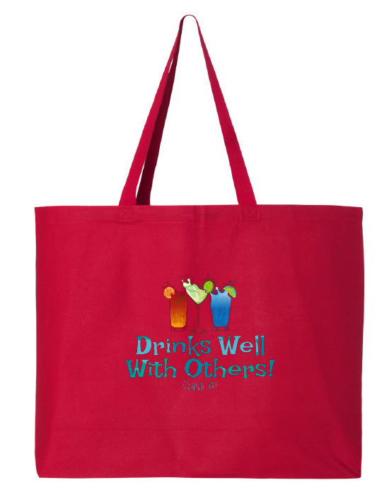 Red tote bag with 'Drinks Well With Others!' text and colorful graphics on a white background