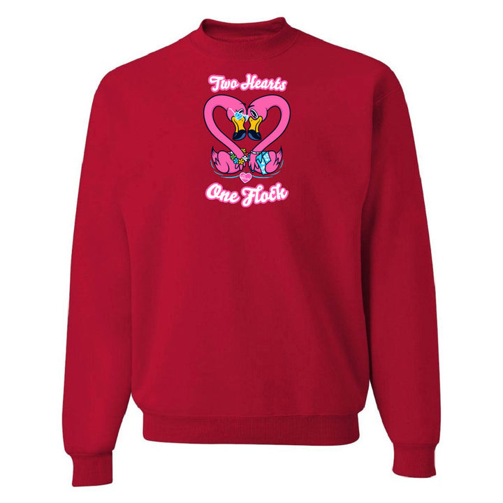 Red sweatshirt with a heart design and text on a white background