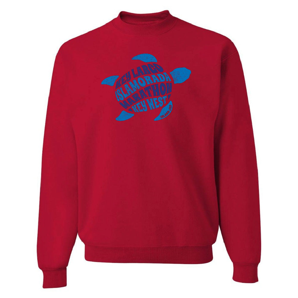 Red sweatshirt with blue turtle graphic design on a white background