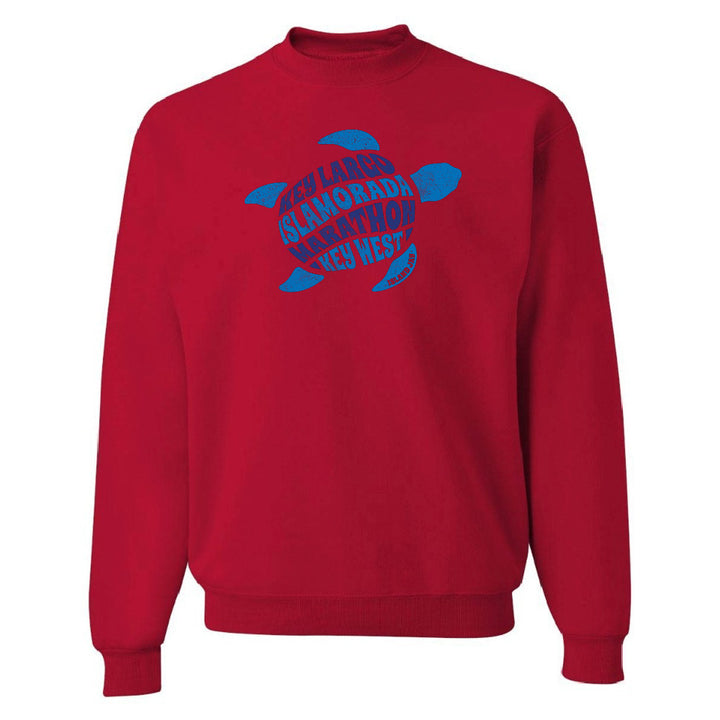 Red sweatshirt with blue turtle graphic design on a white background