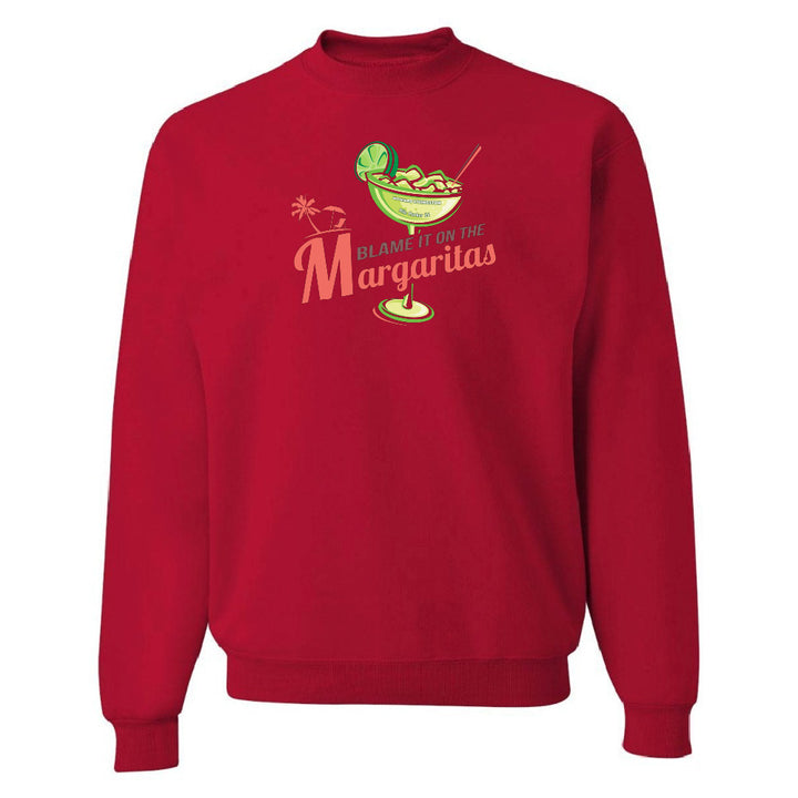 Red sweatshirt with a graphic of a margarita and text 'Blame it on the Margaritas' on a white background