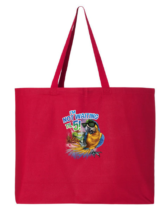 Red tote bag with colorful graphic design on a white background