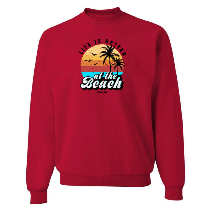 Red sweatshirt with 'Life is Better at the Beach' graphic on a white background