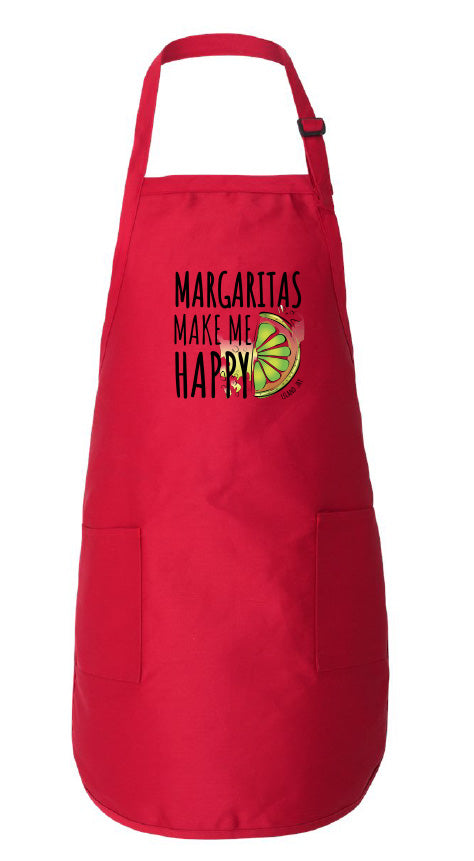 Red apron with 'Margaritas Make Me Happy' text and graphics on a white background