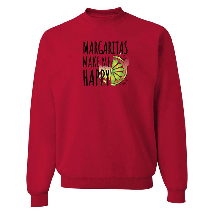 Red sweatshirt with 'Margaritas Make Me Happy' text and lime graphic on a white background