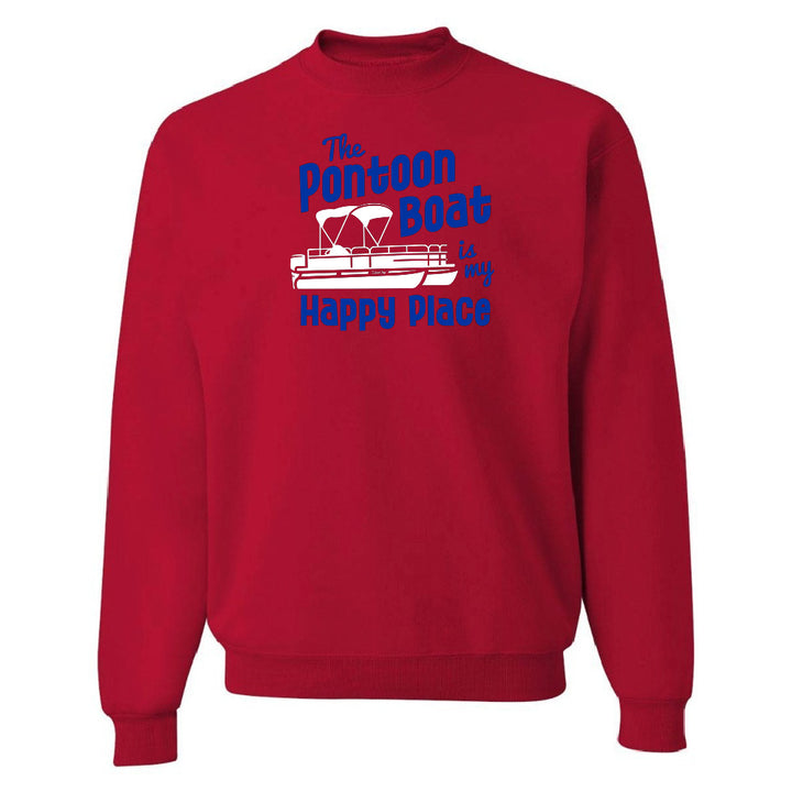 Red sweatshirt with blue and white graphic and text on a white background