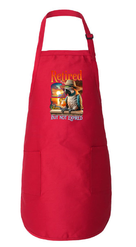 Red apron with a graphic design and text on a white background