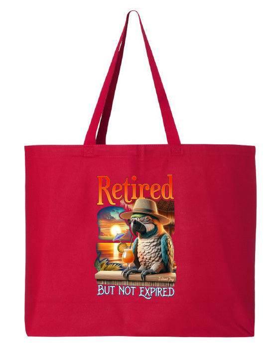 Red tote bag with a parrot graphic and text on a white background
