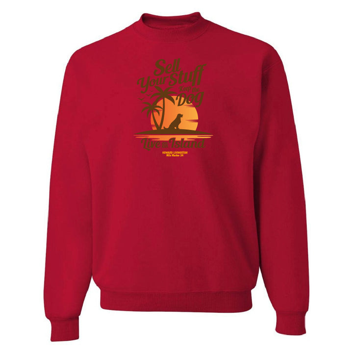 Red sweatshirt with a sunset and palm tree design on a white background