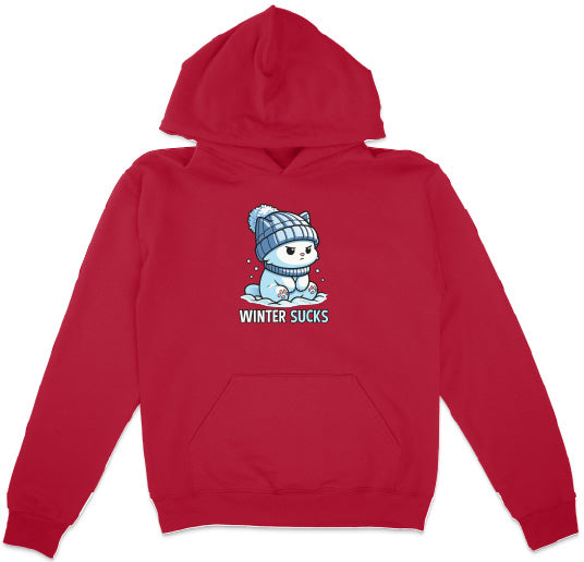 Red hoodie with a graphic of a blue bear wearing a hat and scarf, and the text 'Winter Sucks'.