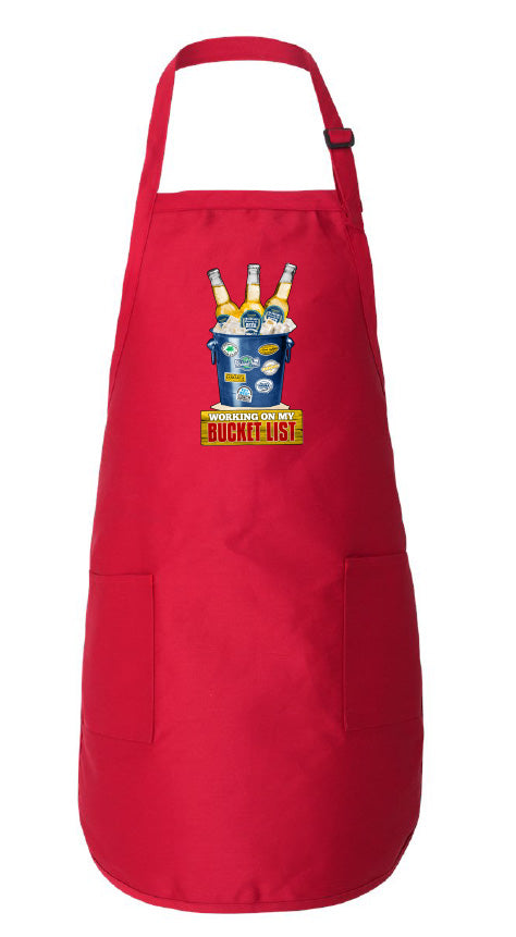 Red apron with a graphic design on a white background