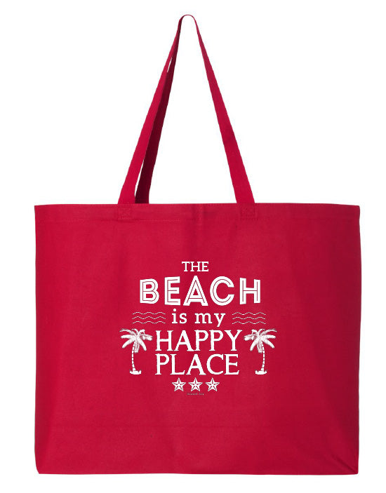 Red tote bag with 'The Beach is my Happy Place' text on a white background