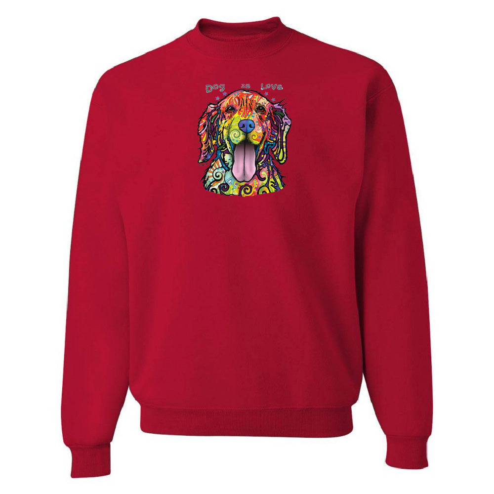 Red sweatshirt with a colorful dog graphic and text on a white background
