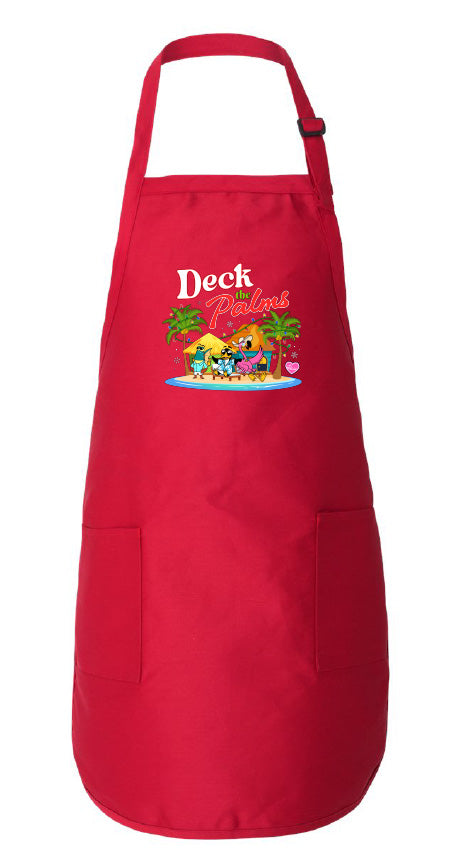 Red apron with colorful graphic design on a white background