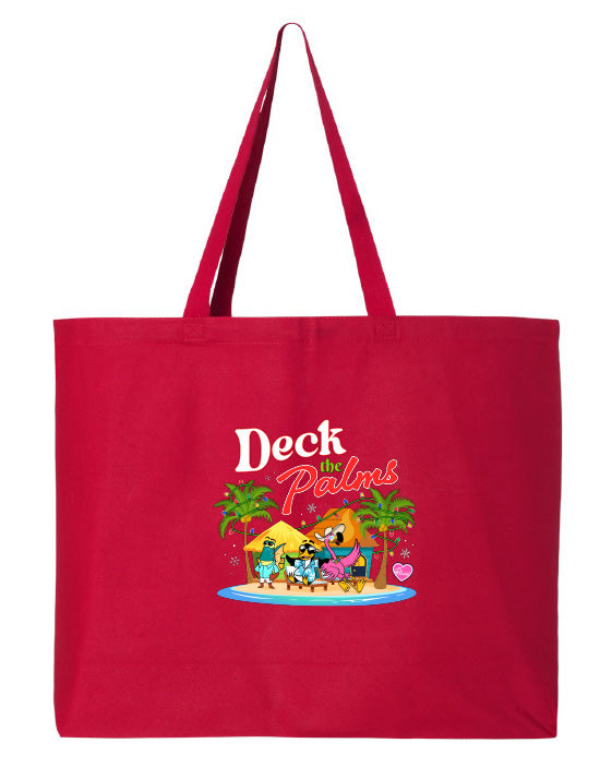 Red tote bag with 'Deck the Palms' design featuring palm trees and people on a white background