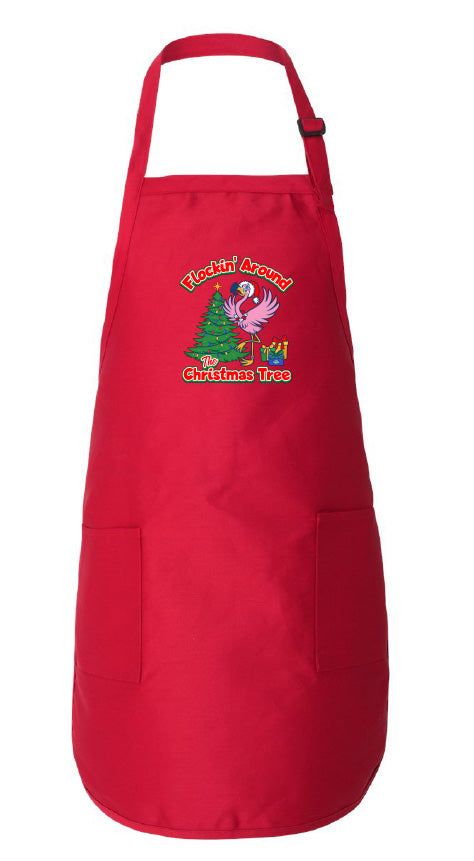 Red apron with a Christmas-themed design on a white background