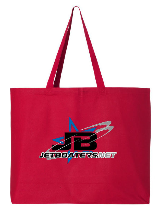Red tote bag with a logo and text on a white background