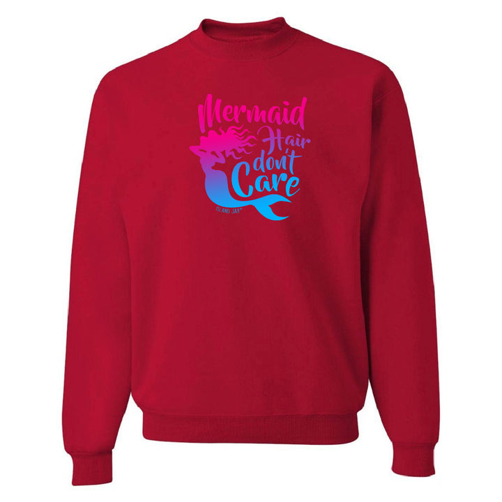 Red sweatshirt with 'Mermaid Hair Don't Care' text and mermaid graphic on a white background