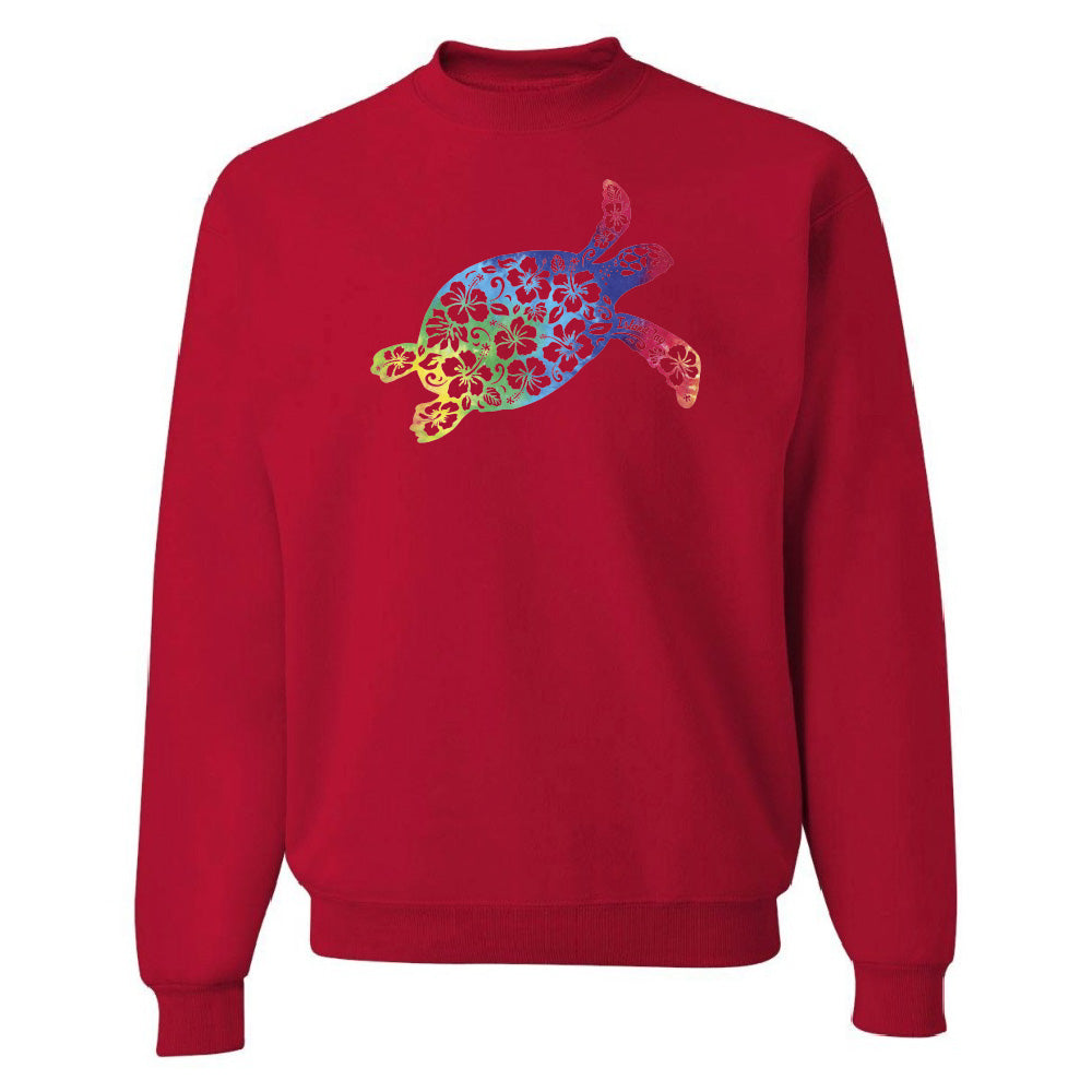 Red sweatshirt with a colorful turtle design on a white background