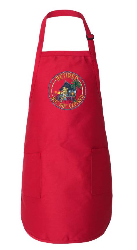 Red apron with a colorful graphic on a white background