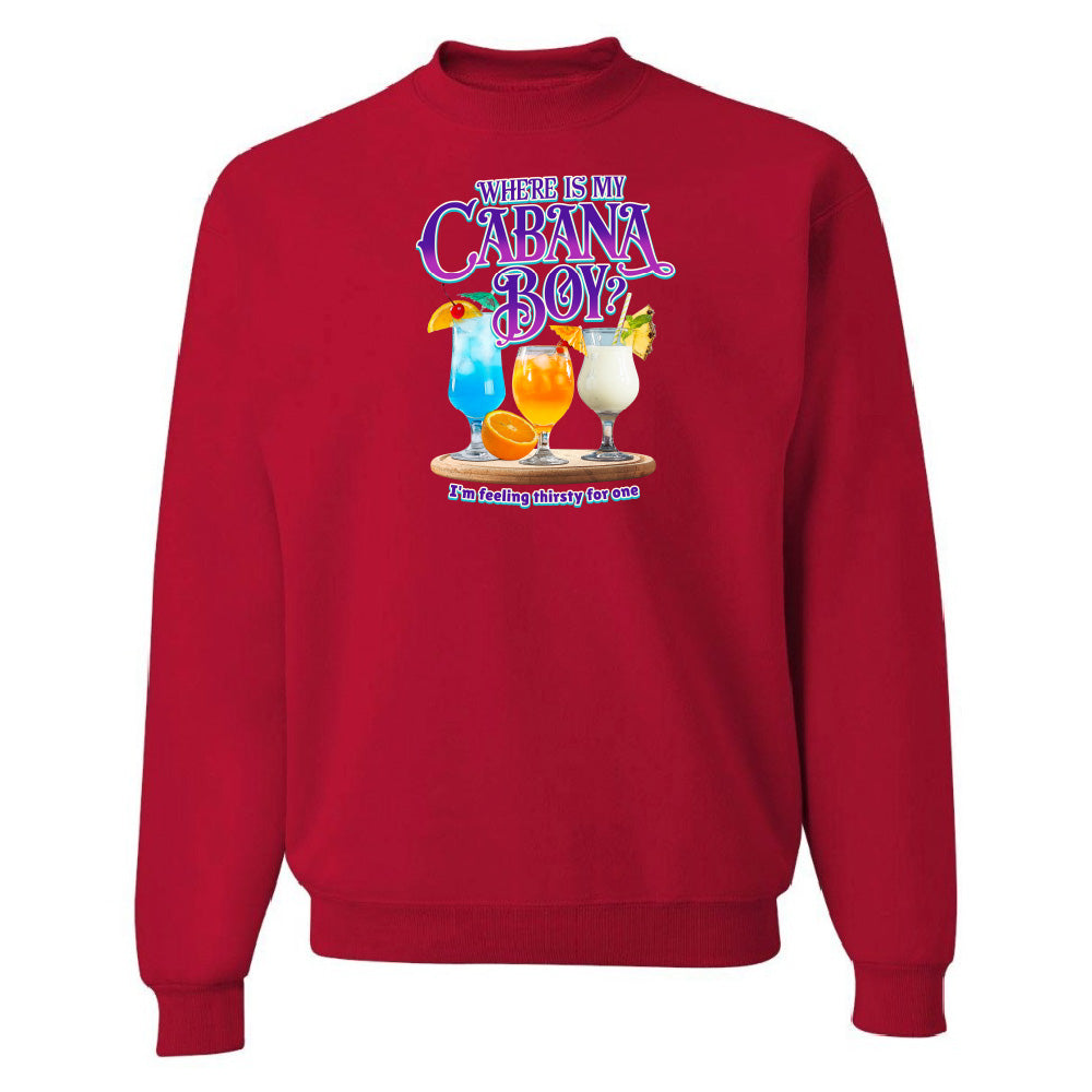 Red sweatshirt with 'Where is my Cabana Boy' graphic on a white background