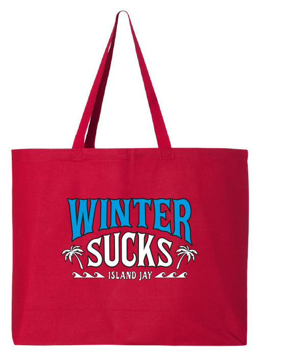 Red tote bag with 'Winter Sucks' text and palm tree graphics on a white background