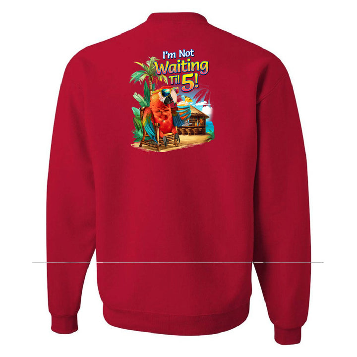Red sweatshirt with a colorful graphic and text on the back against a white background