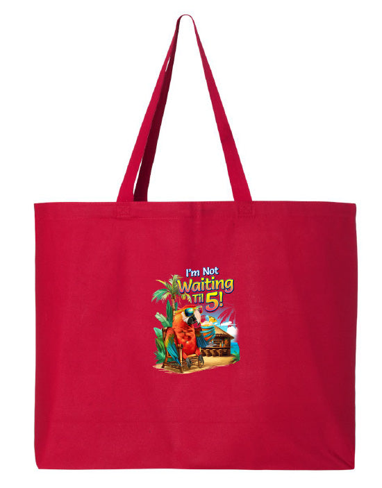 Red tote bag with a colorful graphic and text on a white background