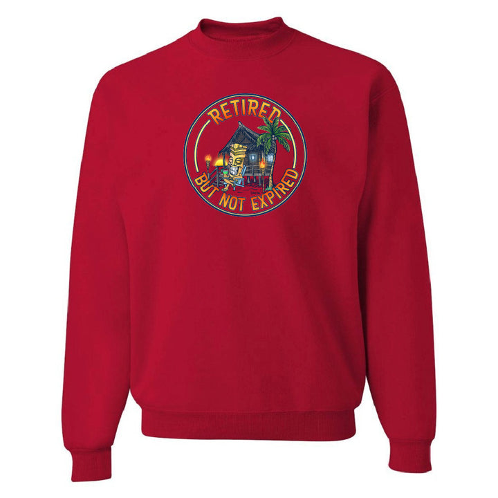 Red sweatshirt with a colorful graphic and text on a white background