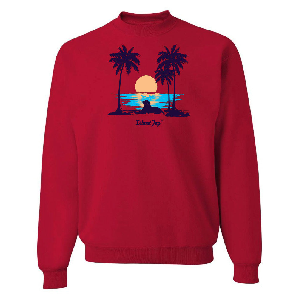 Red sweatshirt with a beach graphic and 'Island Joy' text on a white background