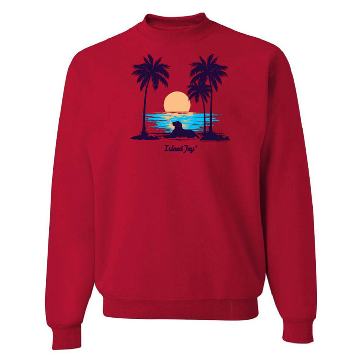 Red sweatshirt with a beach graphic and 'Island Joy' text on a white background