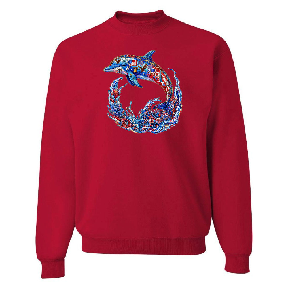 Red sweatshirt with a blue and white dolphin design on a white background