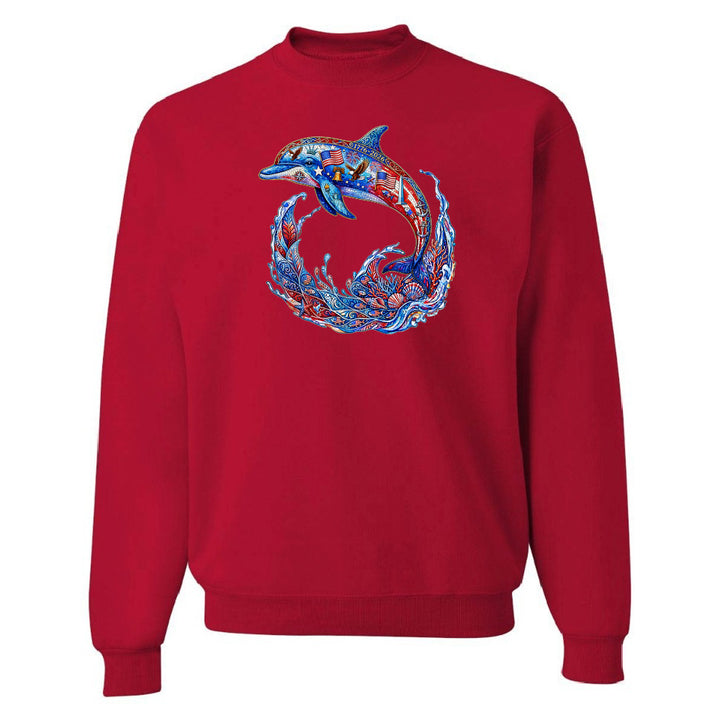 Red sweatshirt with a blue and white dolphin design on a white background