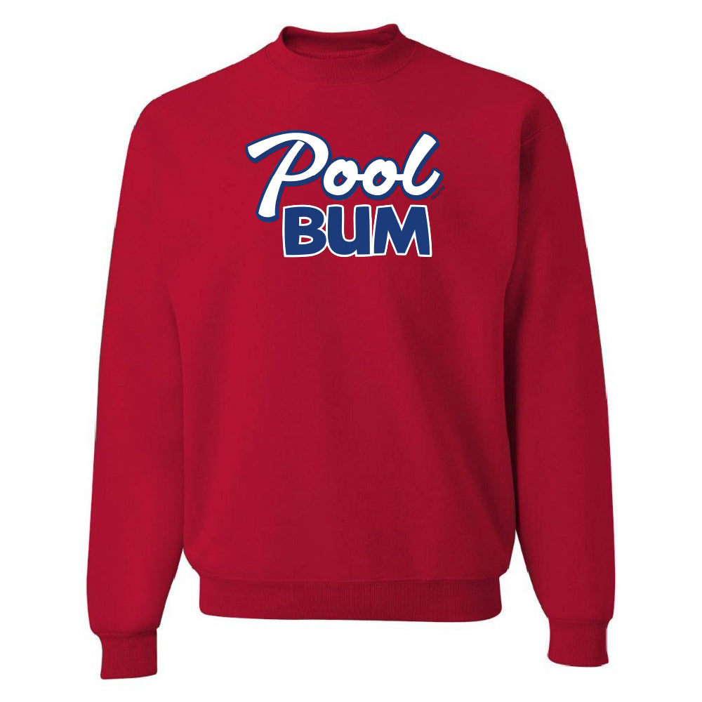 Red sweatshirt with 'Pool Bum' text on a white background