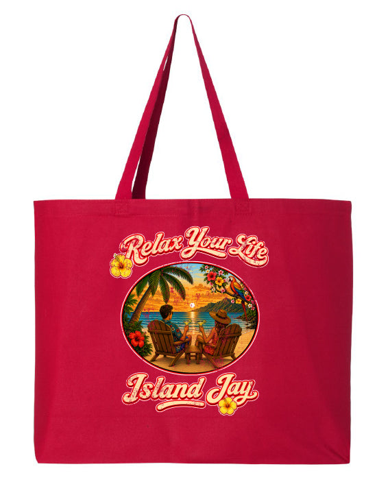 Red tote bag with 'Relax Your Life' and 'Island Jay' design on a white background