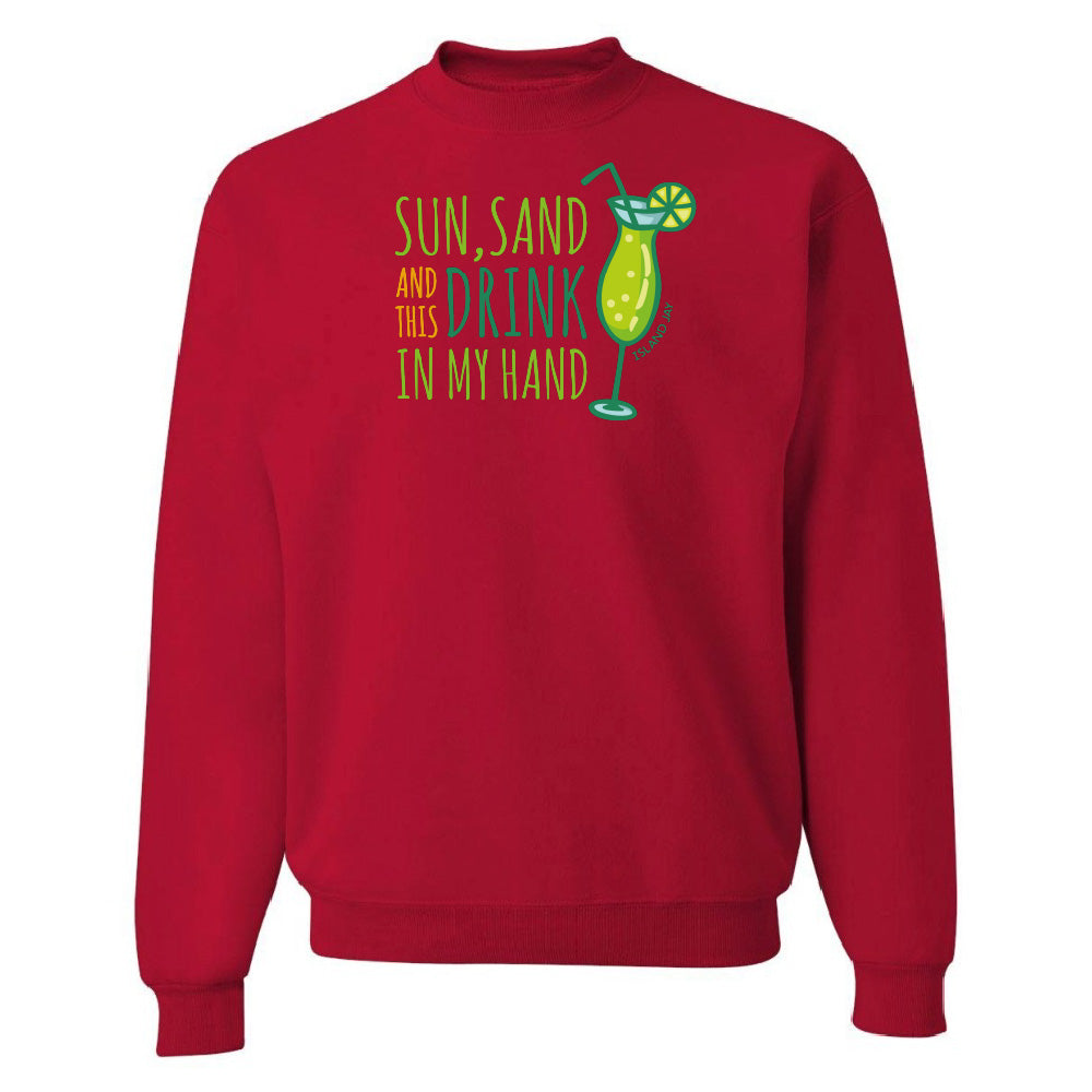 Red sweatshirt with a tropical drink graphic and text on a white background