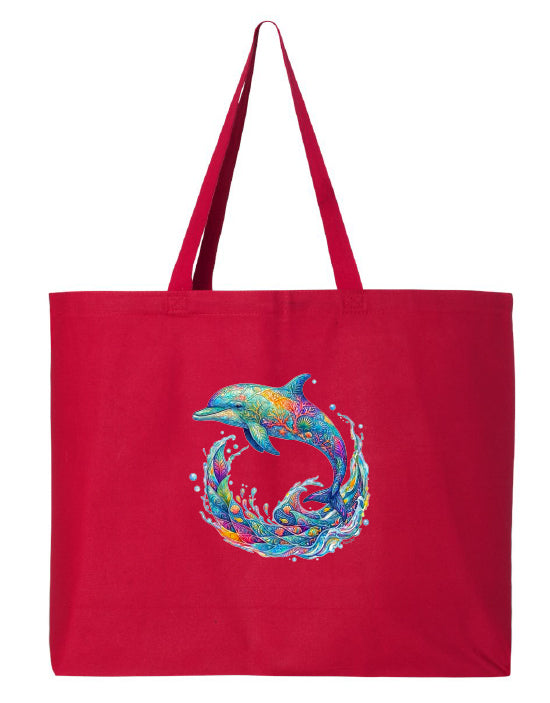 Red tote bag with a colorful dolphin design on a white background