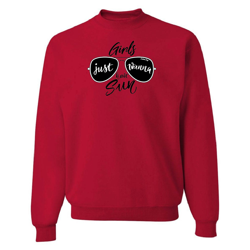 Red sweatshirt with sunglasses graphic and text on a white background
