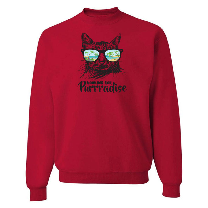 Red sweatshirt with a cat graphic and text on a white background