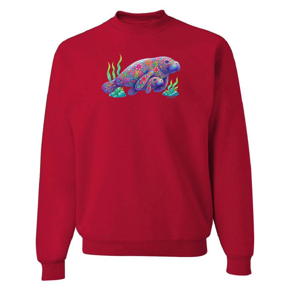 Red sweatshirt with a colorful sea turtle design on a white background