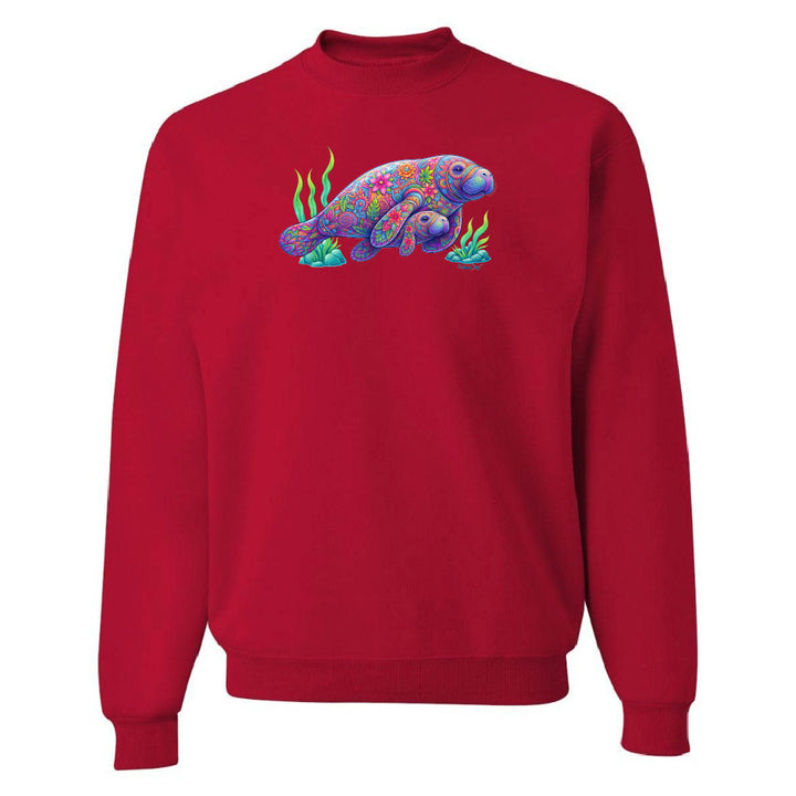 Red sweatshirt with a colorful sea turtle design on a white background