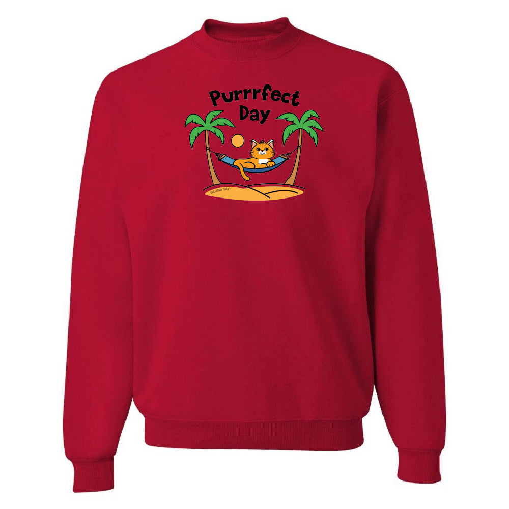 Red sweatshirt with a cat in a hammock graphic and 'Purrfect Day' text on a white background