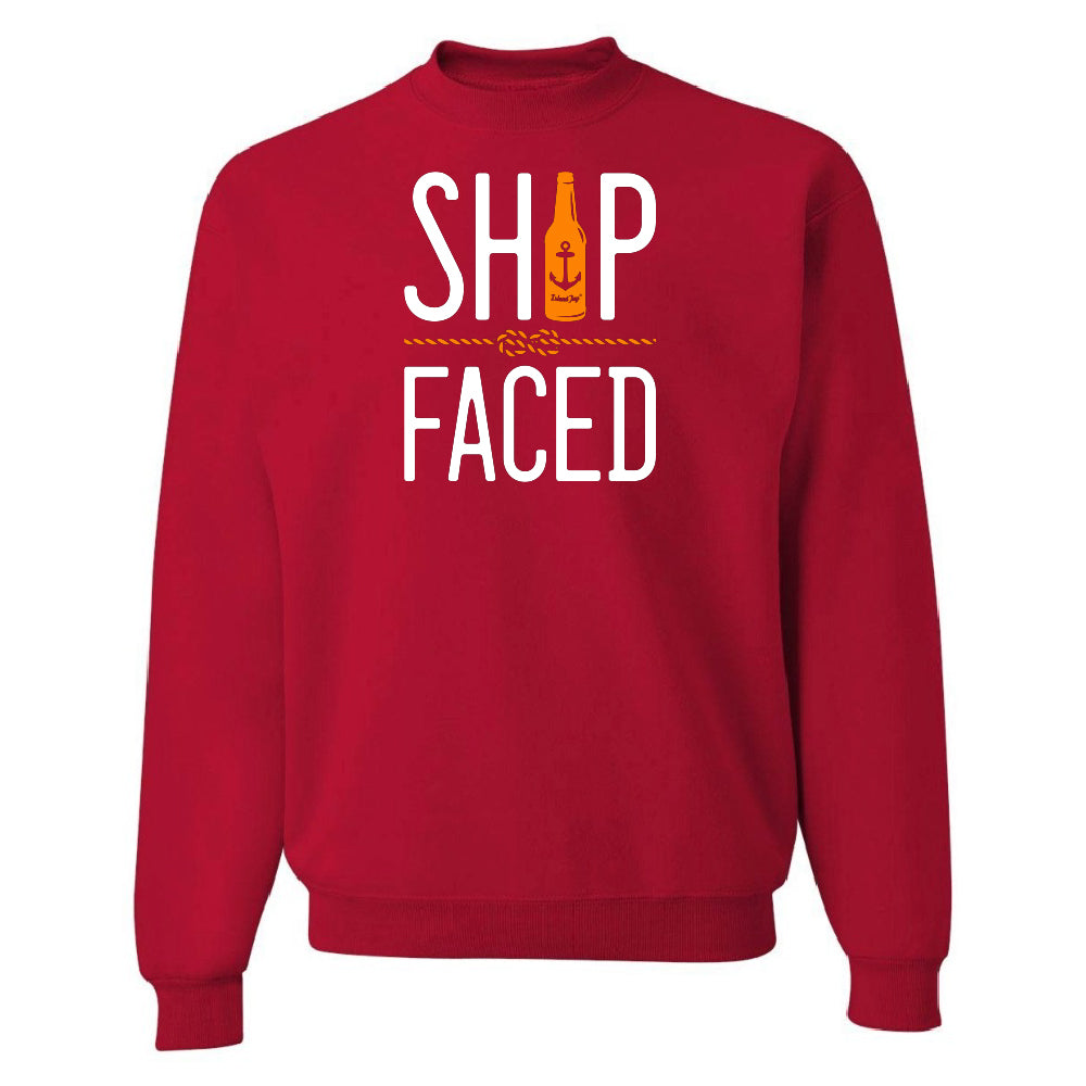 Red sweatshirt with 'SHIP FACED' text and graphic on a white background