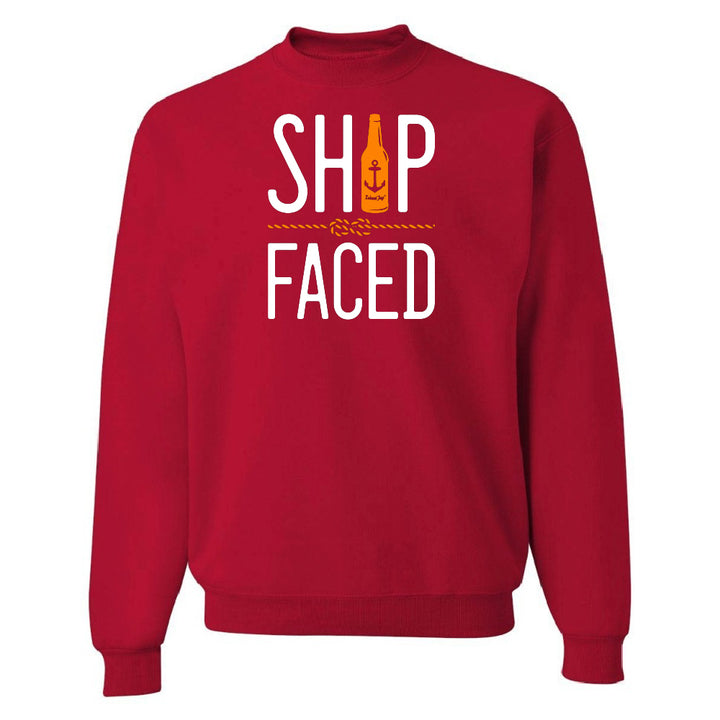 Red sweatshirt with 'SHIP FACED' text and graphic on a white background