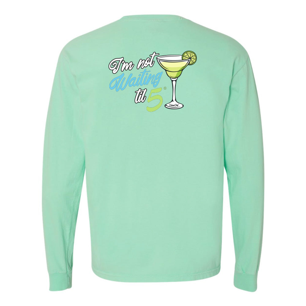 Mint green long-sleeve shirt with a cocktail graphic and text on a white background