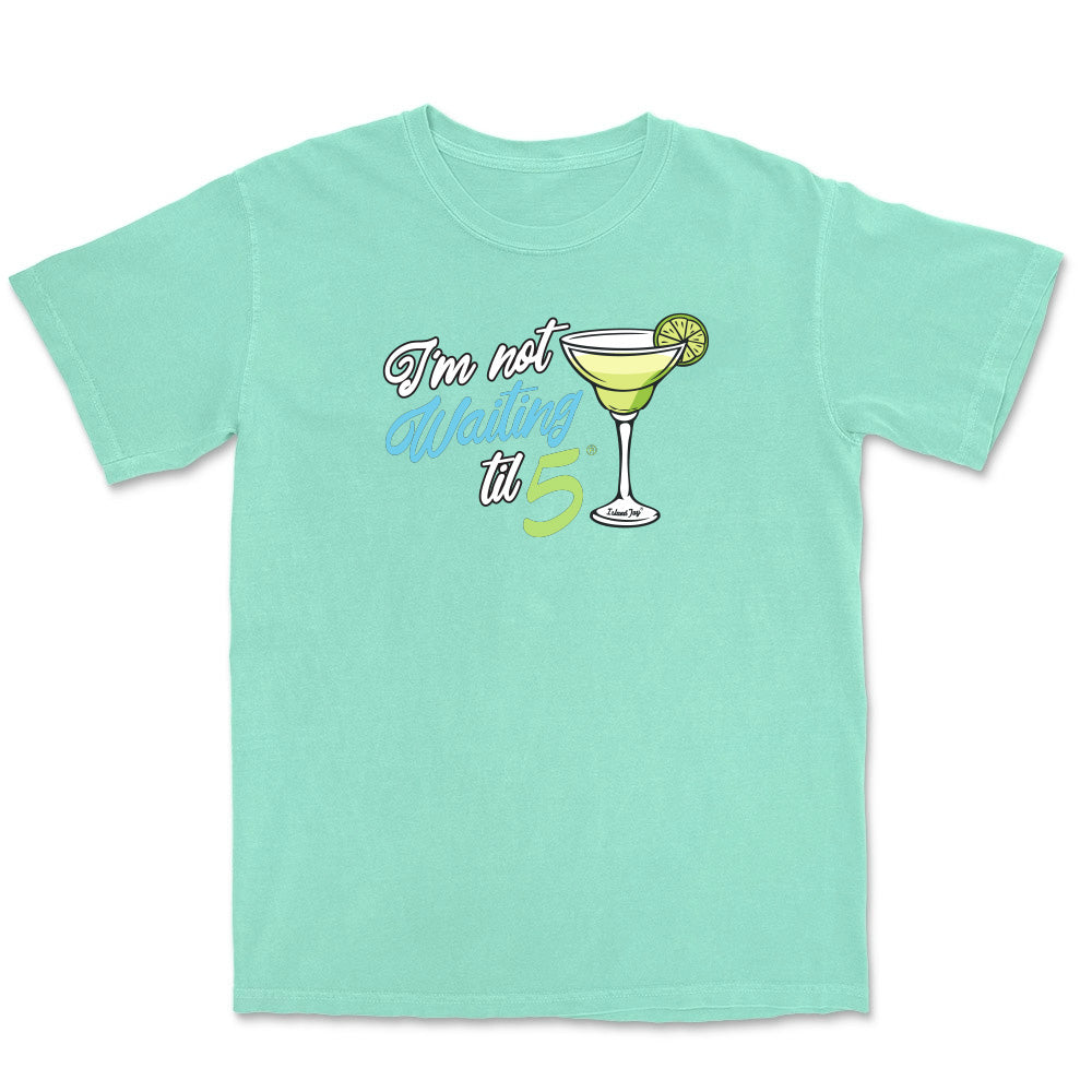 Mint green t-shirt with a cocktail graphic and text on a white background