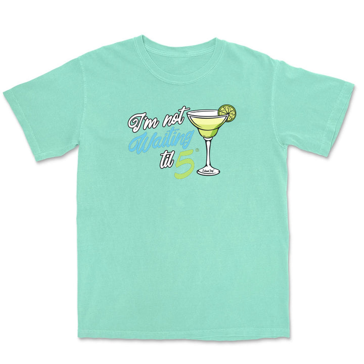 Mint green t-shirt with a cocktail graphic and text on a white background