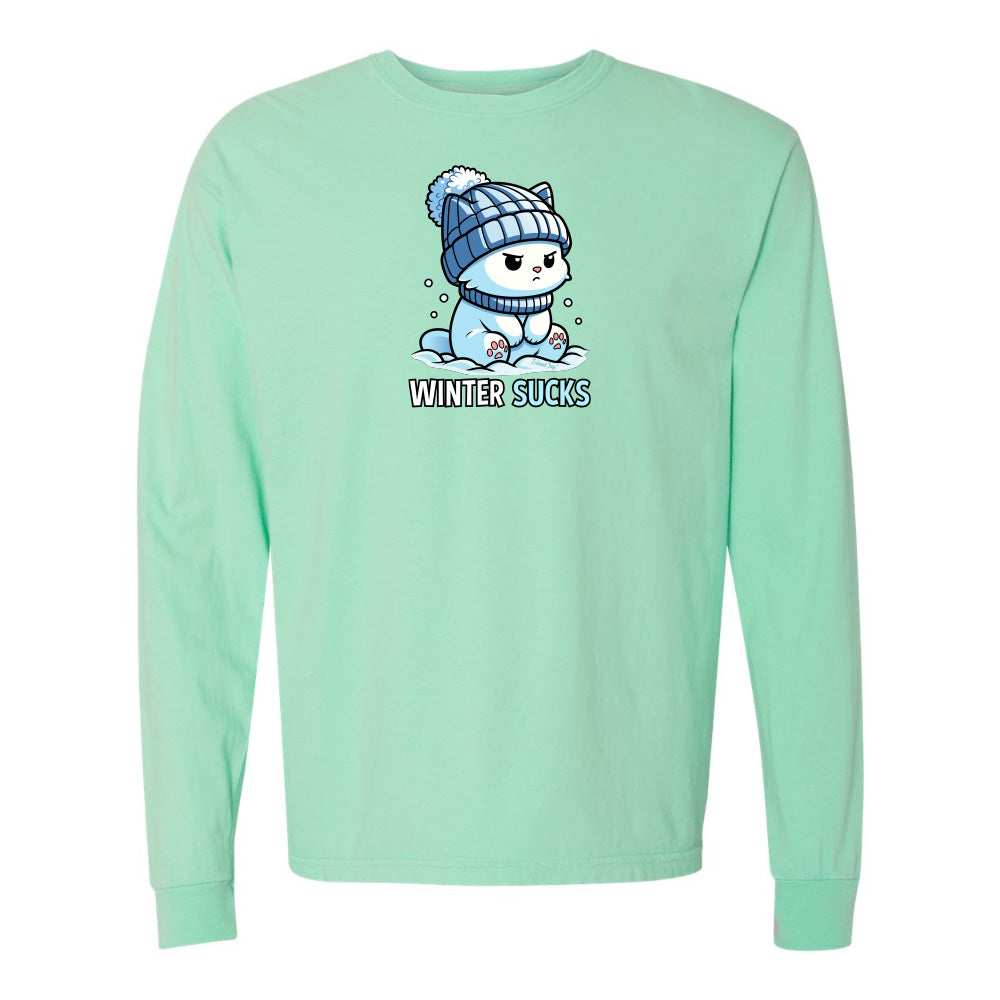 Mint green long-sleeve shirt with a cartoon character and 'Winter Sucks' text on a white background