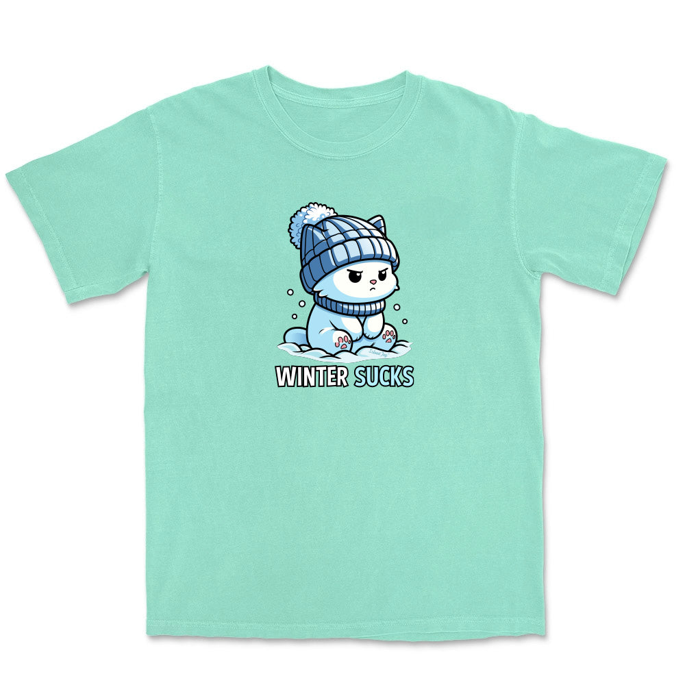 Mint green t-shirt with a cartoon character wearing a winter hat and scarf, and the text 'Winter Sucks' on a white background.